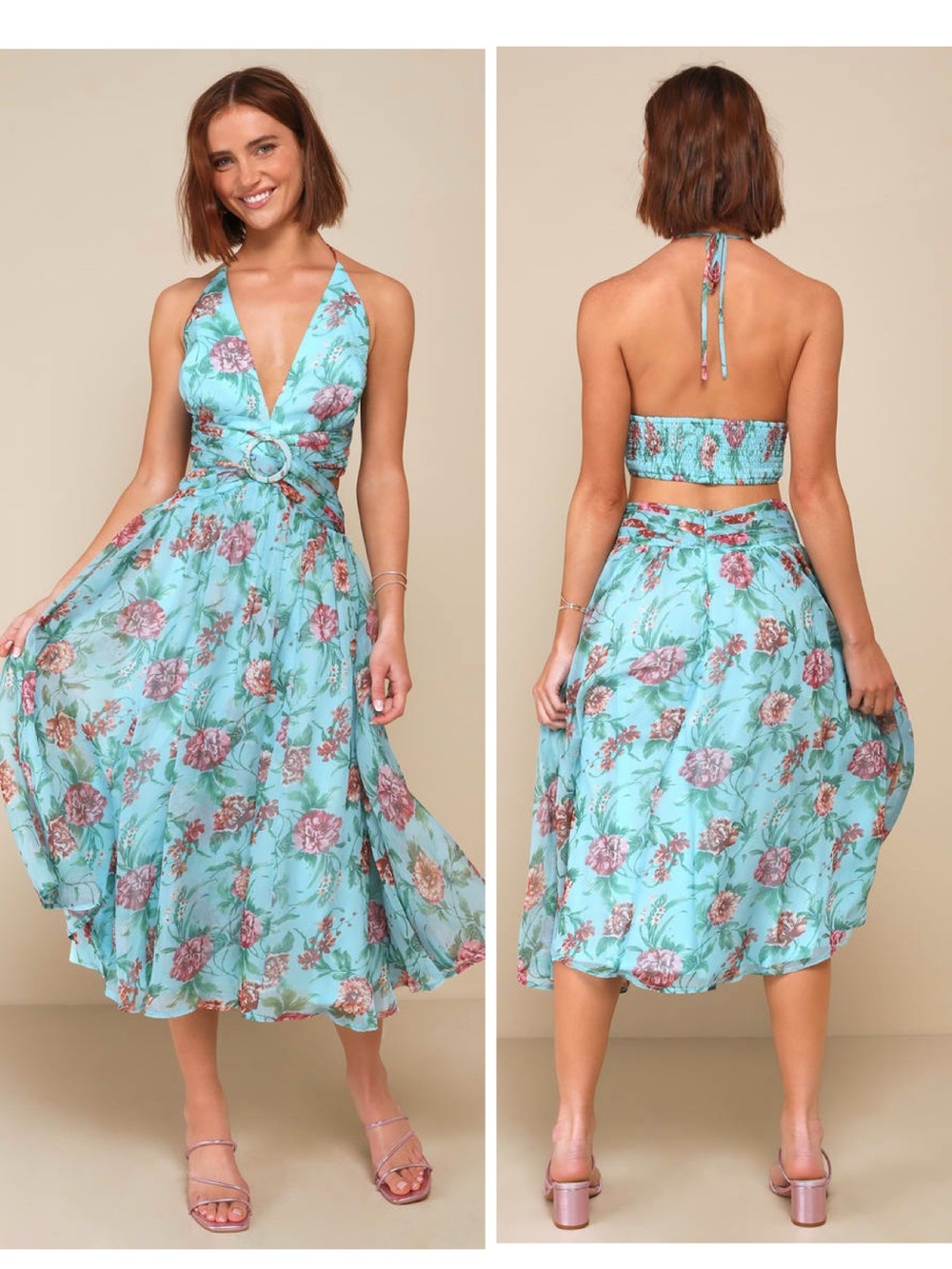 Lulus Exceedingly Radiant Blue Floral O-Ring Cutout Halter Midi Dress Size Large